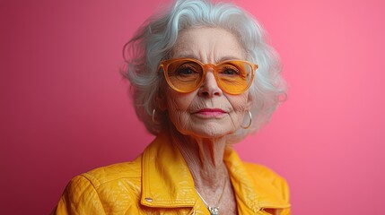 Funny old person portraits. 80s style outfit. Dab dance on colored backgrounds. Concept about seniority and old people