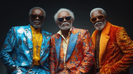 Funny old person portraits. 80s style outfit. Dab dance on colored backgrounds. Concept about seniority and old people