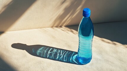 Plastic water bottle casting shadow on beige surface