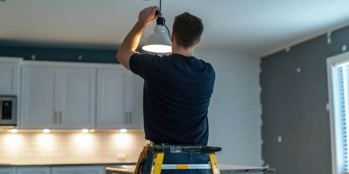 The image shows a man installing a light fixture while standing on a ladder in a room, demonstrating a process of home improvement and renovation with focus on lighting.