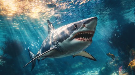 Fototapeta premium A great white shark swimming in the deep sea