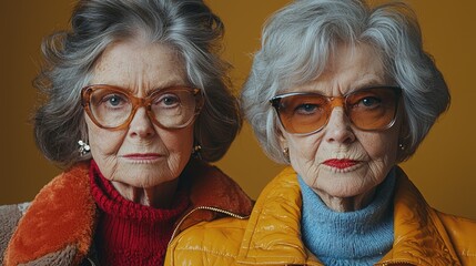 Funny old person portraits. 80s style outfit. Dab dance on colored backgrounds. Concept about seniority and old people