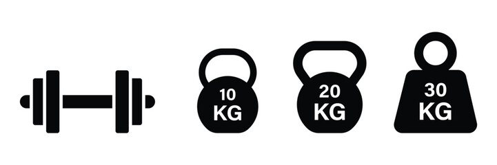 Set of training equipment dumbbell icon collection. Kettlebell, heavy, Kg bell dumbbell symbol. Vector illustration.