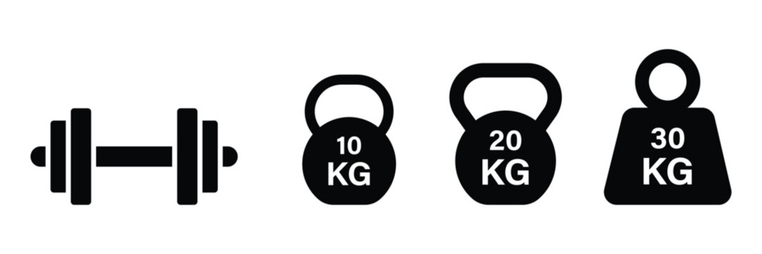 Set of training equipment dumbbell icon collection. Kettlebell, heavy, Kg bell dumbbell symbol. Vector illustration.