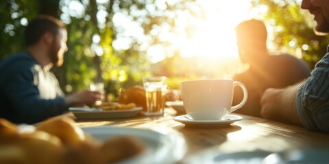 A group enjoys an outdoor meal with coffee cups and sunlight streaming through the trees, creating a warm and convivial atmosphere in a natural setting.