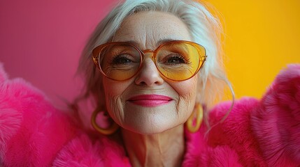 Funny old person portraits. 80s style outfit. Dab dance on colored backgrounds. Concept about seniority and old people
