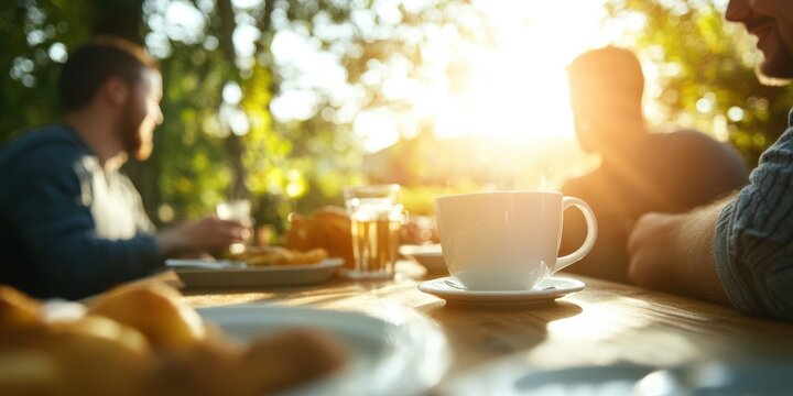 A group enjoys an outdoor meal with coffee cups and sunlight streaming through the trees, creating a warm and convivial atmosphere in a natural setting.