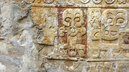 Obraz premium Ancient stone wall with intricate carvings of deities and mythological figures