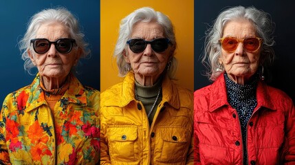 Funny old person portraits. 80s style outfit. Dab dance on colored backgrounds. Concept about seniority and old people