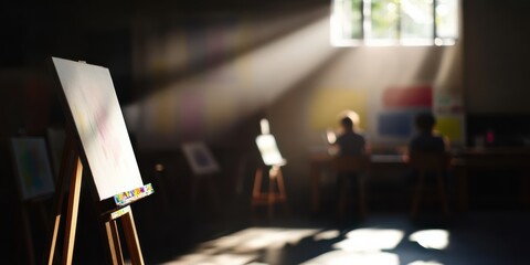 A cozy art studio filled with easels, bathed in warm sunlight from a window, captures the essence of creativity, inspiration, and the peaceful pursuit of artistic expression.