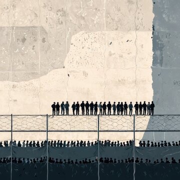 Refugee People in Detention Center Seeking Asylum Crisis Border Struggle, conceptual illustration, Generative AI