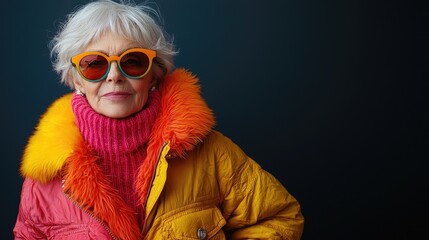 Funny old person portraits. 80s style outfit. Dab dance on colored backgrounds. Concept about seniority and old people