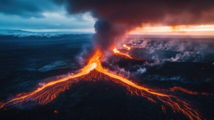 Lava Flow: Captivating view of molten lava emerging from volcanic eruption, revealing dynamic, destructive beauty of a volcano's fiery outpouring, impact on surrounding terrain