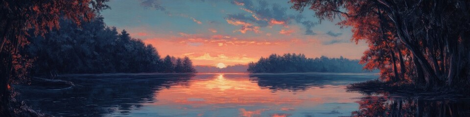 A painting of a lake at sunset, with trees on both sides and a forest in front of it