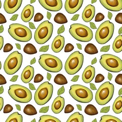 Seamless Pattern with Halves of Avocado, Leaves, and Avocado Pits on a White Background