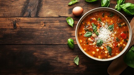 A bowl of delicious minestrone soup topped with Parmesan cheese on the right side, leaving space on the left for text. Ideal for menus, recipe cards, and culinary content.