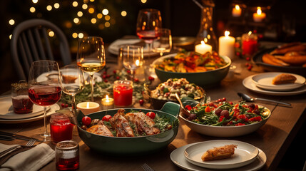 A top-down view of a beautifully set Christmas Eve table, featuring food and beverage