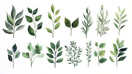 A variety of hand-drawn green leaf botanical illustrations - herbarium