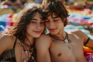 Two friends relax together on a blanket during a vibrant summer music festival