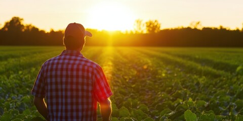 Fototapeta premium A farmer stands in a field of crops, watching the sun set on the horizon. The scene is filled with hope, hard work, and the simple beauty of rural life.