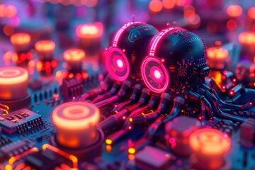Illuminated circuits glowing vibrantly in a futuristic neon-lit world at night