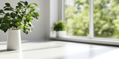 A green potted plant positioned close to a large sunlit window inside a minimalistic, modern room, capturing the essence of peaceful indoor greenery and natural light.