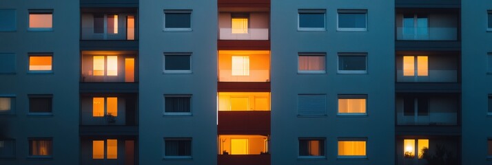 The exterior of a modern apartment building at dusk, showcasing several illuminated windows, hinting at the everyday lives and different stories of the residents within.
