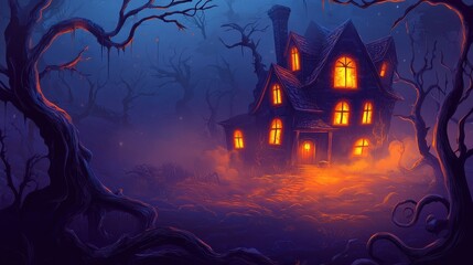 A Mysterious Illuminated House in a Spooky Forest at Night