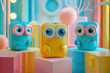 Obraz premium Colorful creatures with big eyes in a whimsical setting of pastel shapes and textures