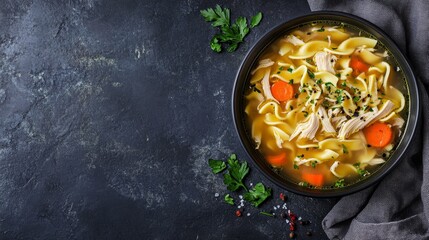 A bowl of comforting chicken noodle soup, with tender chicken, noodles, and vegetables, on the right side. The left side is left clear for text. Perfect for cozy recipes, menus, and food content.