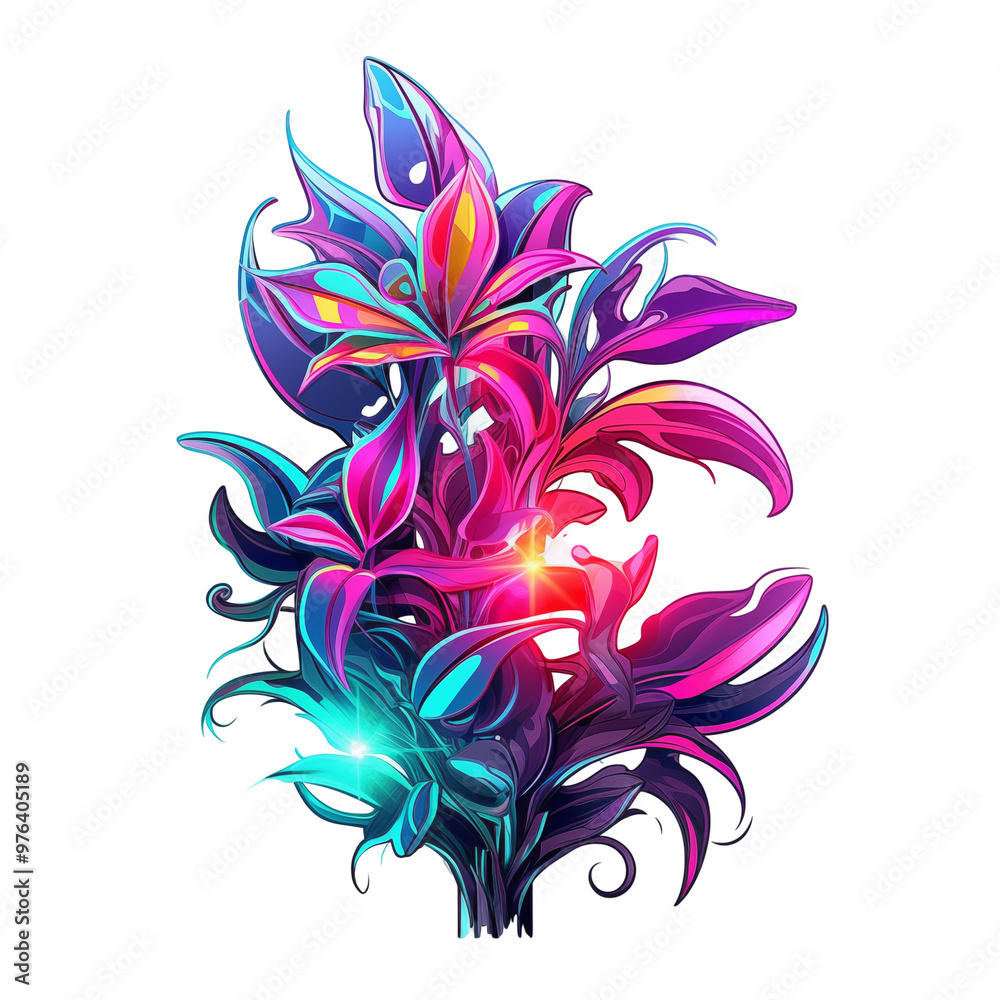 Wall mural neon fantasy plant with vibrant colors and unique abstract leaf design