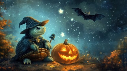 Fototapeta premium A Turtle Wizard, a Jack-o'-Lantern, and a Bat Fly Under a Starry Night