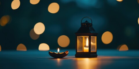 A moderately lit lantern and a smaller oil lamp glow in the evening, creating an intimate and warm atmosphere, with decorative bokeh lights in the background enhancing the scene.