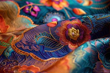 Vibrant batik fabric with intricate floral and swirling patterns in soft light
