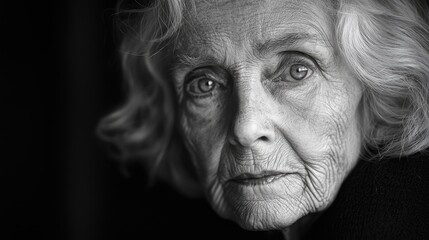 Close-up black and white portrait of an old woman at the table in the home.