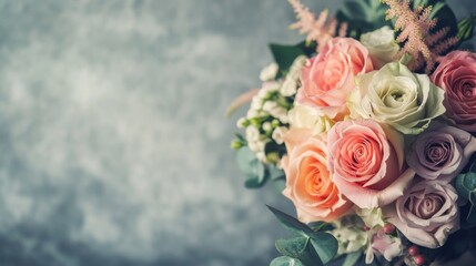 A stunning bridal bouquet with pastel flowers on the right side, leaving space on the left for text. Ideal for wedding, floral, and celebration themes.