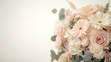 A stunning bridal bouquet with pastel flowers on the right side, leaving space on the left for text. Ideal for wedding, floral, and celebration themes.