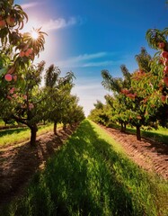 Sun-drenched peach orchard