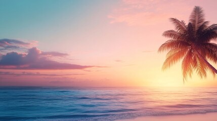 A stunning beach sunset with a silhouette of a palm tree on the right side, leaving space on the left for text. Ideal for travel, relaxation, and tropical themes.