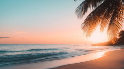 A stunning beach sunset with a silhouette of a palm tree on the right side, leaving space on the left for text. Ideal for travel, relaxation, and tropical themes.