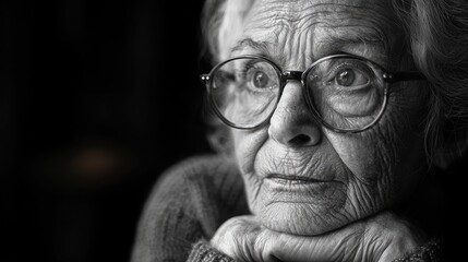Close-up black and white portrait of an old woman at the table in the home.