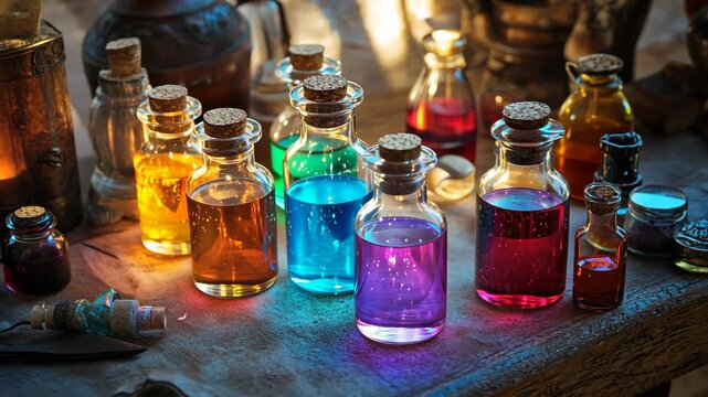 Exploring colorful potions and magical elixirs on a rustic tabletop during an enchanting twilight setting