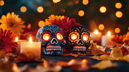 Colorful sugar skulls with flowers and candles create a warm, festive atmosphere perfect for celebrating Dia de los Muertos.