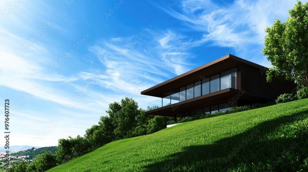 Wall mural modern house on a green hill under a clear blue sky, showcasing contemporary architecture and tranqu