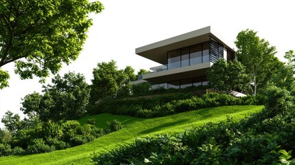 Modern house on a hillside surrounded by lush greenery, showcasing serene architecture and harmonious nature.