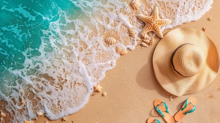 A high-quality stock image of a beach scene featuring a sun hat and flip-flops on the right side, with a clear and open space on the left side for text. Ideal for summer, vacation, and travel content.
