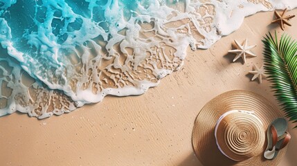 A high-quality stock image of a beach scene featuring a sun hat and flip-flops on the right side, with a clear and open space on the left side for text. Ideal for summer, vacation, and travel content.