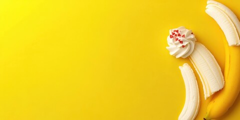 A vibrant image capturing a bunch of bananas with one peeled banana and a whimsical cream topping, all set against a bold, bright yellow background.