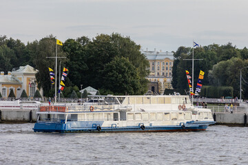 Russia. Saint-Petersburg. A passenger ship arrives at the Peterhof pier.