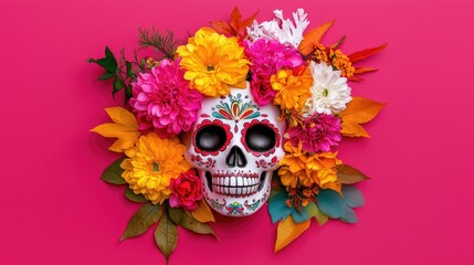 Vibrant skull adorned with colorful flowers, symbolizing beauty and remembrance in festive celebrations.